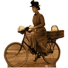 an old photo of a woman on a bicycle