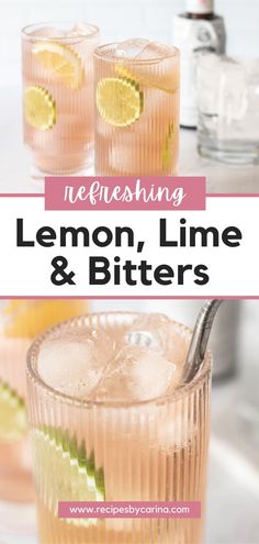 two glasses filled with lemon, lime and bitterr on top of a white counter