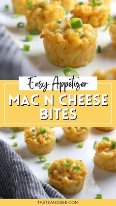 easy appetizer mac n cheese bites on a white platter with text overlay