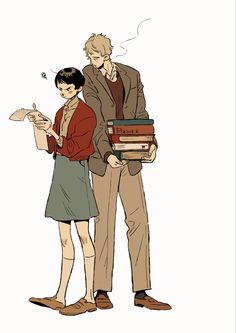 two people standing next to each other with books on their backs and one holding a book