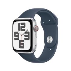 an apple watch with a blue band and white clock on the face, side view