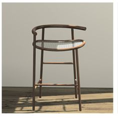 a wooden chair sitting on top of a floor next to a white wall and window