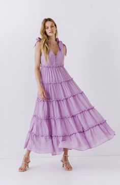 Free the Roses Tiered Maxi Dress | Nordstrom Vestido Cottagecore, Free People Black Dress, Yellow Maxi Dress, Purple Maxi Dress, Blue Dress Formal, Tiered Ruffle Dress, Ruffle Sleeve Dress, Lilac Dress, Floral Print Maxi Dress