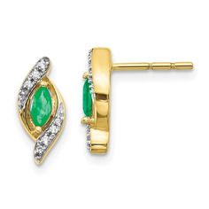 Let everyone know your special month with these May birthstone button earrings. Decorated with elegant 5x2.5mm marquise shaped green emerald gemstones flanked by sparkling round diamonds, these 10 karat yellow gold earrings are sure to delight. Shines with high polished finish, these earrings are secured with post and push back closure for perfect hold and gemstones weighs 0.36 cttw. Size: one size. Gender: female. Age Group: adult. Diamond Emerald Earrings, Emerald Diamond Earrings, Emerald Green Earrings, Emerald Earrings Studs, Green Diamond, Emerald Earrings, Emerald Stone, Yellow Gold Earring, Type 4