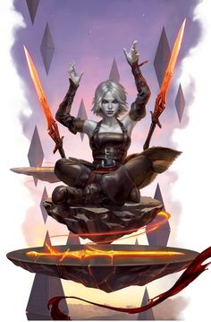 an image of a woman sitting on top of a table with two swords in her hands