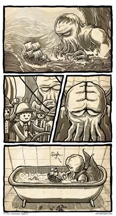 an old comic strip with octopus and man in bathtub on the bottom, and another cartoon