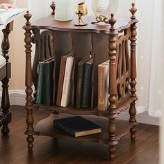 a book shelf with books on top of it