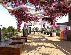 an artist's rendering of a patio with flowers on the pergolated roof