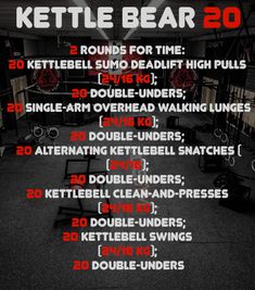 the kettle bear 20kg workout plan is shown in red, black and white