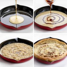 four pictures showing how to make a pie in a cast iron skillet with cheese being poured on top