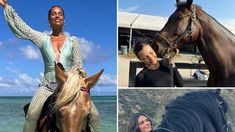 two women are riding horses on the beach and one woman is holding her hand up