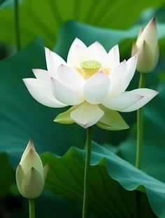 two white lotuses with green leaves in the background