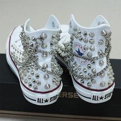 Studded Converse, Knee High Converse, Creative Shoes, Converse White, Bling Shoes, Prom Shoes