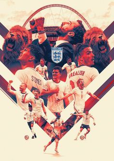 a collage of soccer players with lions in the background