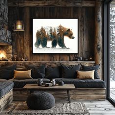 a living room filled with lots of furniture and a bear painting on the wall above it