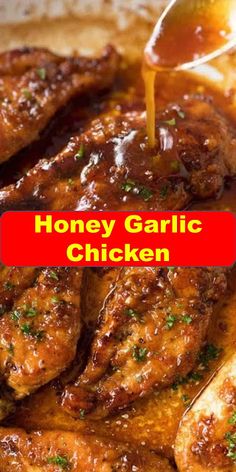 honey garlic chicken breast is being drizzled with gravy