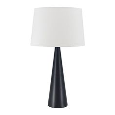 a black table lamp with a white shade