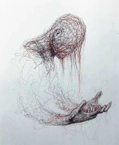 a drawing of a hand reaching out to someone's face with red thread on it