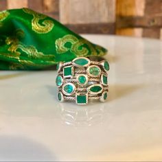 White Gold Rope Style Tier Ring Encrusted With Real Emeralds Cut In Geometric Shapes Flawless Excellent Condition! Make An Offer Ring Color, Emerald Ring, Womens Jewelry Rings, Emerald Cut, Geometric Shapes, Emerald, White Gold, Size 7, Women Jewelry