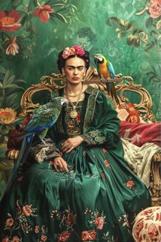 a painting of a woman sitting in a chair with two parrots on her shoulder