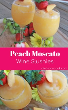 peach moscato wine slushies with strawberries on the rim and in glasses