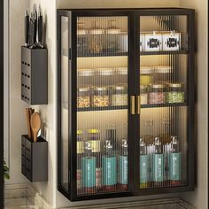 a pantry with lots of food in it and some utensils hanging on the wall