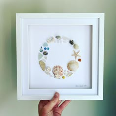 a hand holding up a white frame with seashells on it