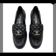 Best Seller! Very Hard To Find, Chanel Black Loafers Size 35.5 (Run 1/2 Size Small) Shoes Wishlist, Chanel Loafers, Coffee Date Outfits, Chanel Black And White, Chanel Flats, Lock Logo, Chanel Camellia, Leather Gladiator Sandals, Black Espadrilles