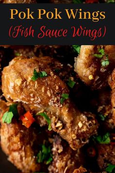 fried pork wings with parsley on top and title text overlay that reads, pok pok wings fish sauce wings