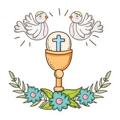 two doves flying over a chalice with a cross on it and flowers around