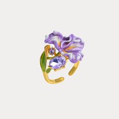 This delicate iris flower ring boasts a sparkling enamel finish and gemstones, bringing sophistication and attention to your style. Our design idea comes from the serene oil painting of Monet. Under Monet's pen, the iris bloomed in a different posture. That is an incredible and indescribable hazy beauty. Perfect for nature lovers or those seeking a touch of elegance, this fine jewelry piece from our wonderland collection exudes romance and fashion.  DETAILS Plating: 18K Gold Materials: 18K Gold Iris Jewelry, Astrology Jewelry, Astrology Necklace, Moon And Star Ring, Moon And Star Earrings, Fruit Jewelry, Iris Flower, Nature Earrings, Jewelry Lockets