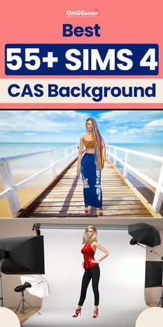 a woman in a red top and black pants is standing on a wooden bridge with the words 55 + sims 4 ca's background