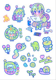 an assortment of cartoon stickers on a white background