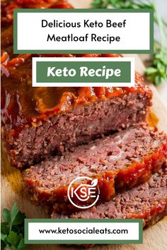 Keto beef meatloaf topped with tomato glaze on a wooden board, garnished with herbs. Keto Meatloaf Recipes, Best Keto Meatloaf, Savory Beef Stew, Beef Meatloaf Recipes, Keto Meatloaf, Almond Crusted Chicken, Beef Stews, Crusted Chicken Tenders