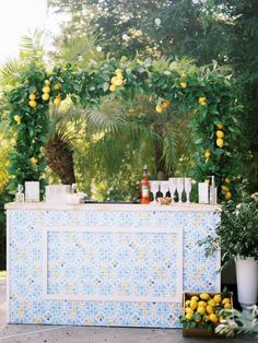 an outdoor bar is decorated with lemons and greenery for a cocktail party or wedding