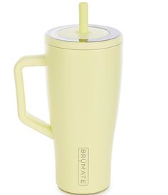 a yellow travel mug with a straw in the cup and lid on it's side