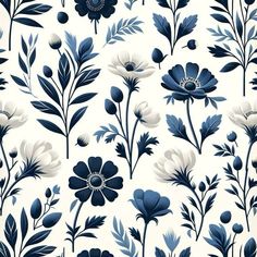 a blue and white flower pattern is shown on a white wallpaper with black leaves