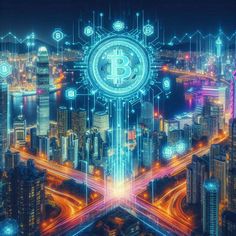 an image of a futuristic city with bitcoin in the center and neon lights around it