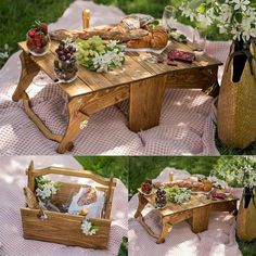 the table is made out of wood and has food on it, along with flowers