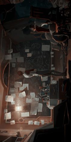 an overhead view of a room with many pieces of paper