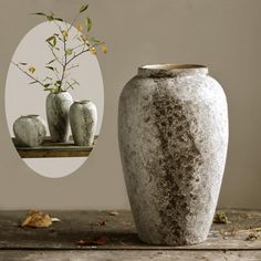 three vases with plants in them sitting on a wooden table next to each other