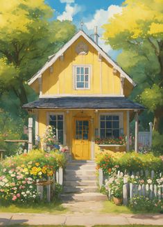 a painting of a yellow house with flowers in the front yard and steps leading up to it