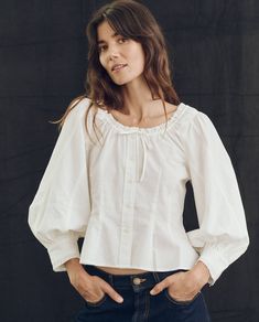 We’re loving vintage Victorian whites this season. The Haven Top, crafted from crisp poplin shirting, boasts a scoop neckline, front button placket with delicate shirting buttons, and romantic billow sleeves featuring paneled seaming and a tailored shirt cuff trimmed with cotton lace. 100% Cotton Machine Wash Cold, Tumble Dry Low Import Feminine Tops, Shirt Cuff, School Shopping, Vintage Victorian, White Blouse, Cotton Lace, Cancun, Look Fashion, Pretty Outfits