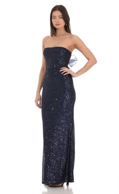 Sequin Strapless Maxi Dress in Navy Winter Formal Dresses Long, Themed Prom Dresses, Navy Blue Long Dress, Navy Sequin Dress, Anastasia Dress, Homecoming Dresses Sparkly, Winter Formal Dresses, Long Blue Dress, Strapless Maxi