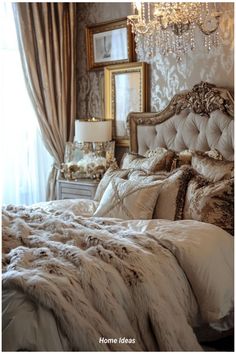 a bedroom with a bed, chandelier and mirror