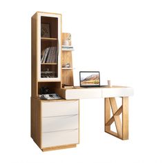 a computer desk with a bookcase and drawers on it, next to a laptop