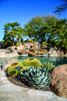 an outdoor pool surrounded by rocks and plants