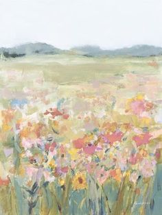 an oil painting of flowers in a field