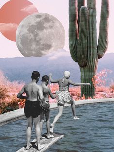 Collage of Kids Jumping in a Pool with Cactus, Moutains, Moon Retro Collage Poster, Collage Art Design Ideas, Collage Science, Vintage Magazine Collage, Collage Of People, Artistic Collage, Moon Collage, People Collage, Montage Art