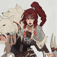 a woman with red hair and two white wolfs on her shoulders, standing next to each other